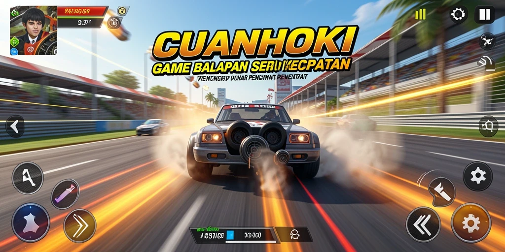 Screenshot menunjukkan aksi balap seru dan kendaraan mewah dalam CUANHOKI.