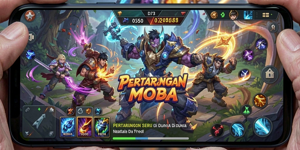 Tampilan seru dalam pertarungan MOBA D73 dengan tim yang solid.