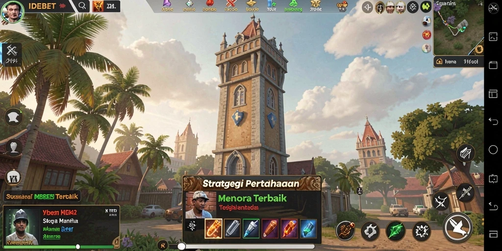 Screenshot gameplay IDEBET menyoroti menara pertahanan yang sedang beraksi.