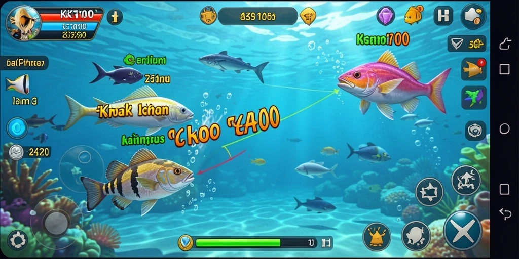 Screenshot gameplay KPK100 menunjukkan aksi seru menembak ikan di laut.