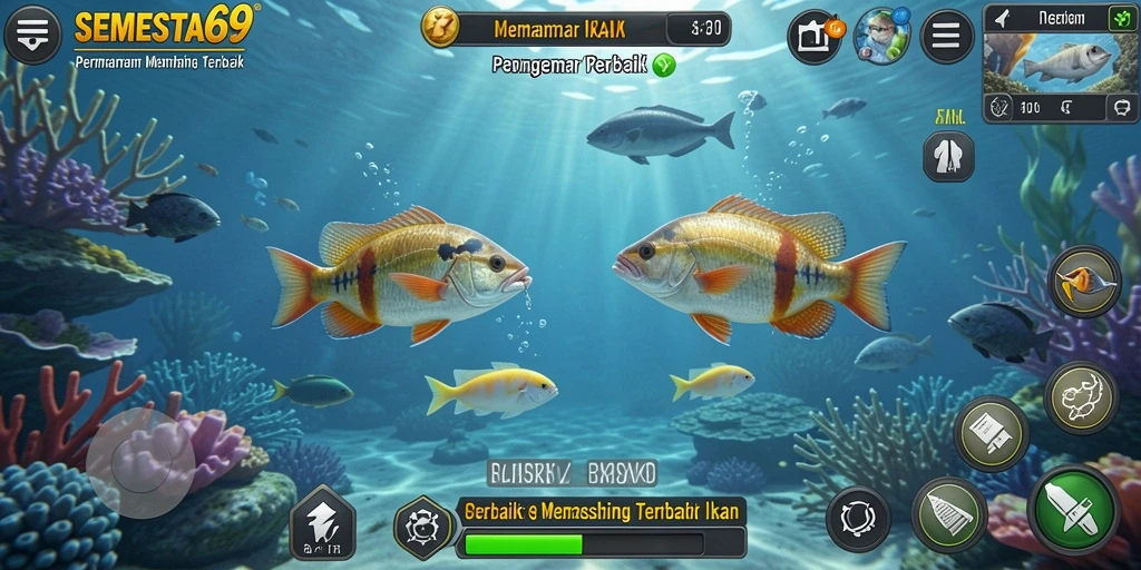 Tampilan aksi memancing seru di SEMESTA69 dengan berbagai ikan yang menarik.