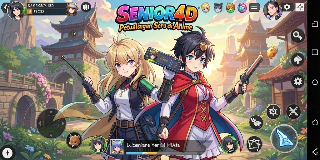 Tangkapan layar gameplay SENIOR4D yang menampilkan aksi penuh warna dan karakter anime.